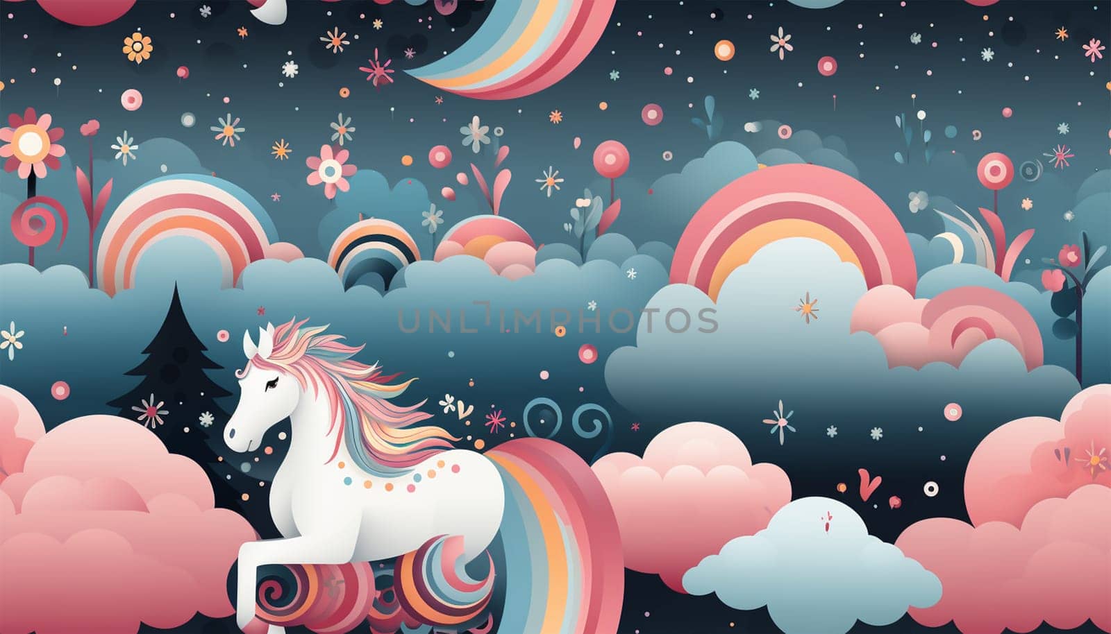 Unicorn design pattern landscape fantasy. Seamless kids princess style and unicorn illustration background pattern pastel