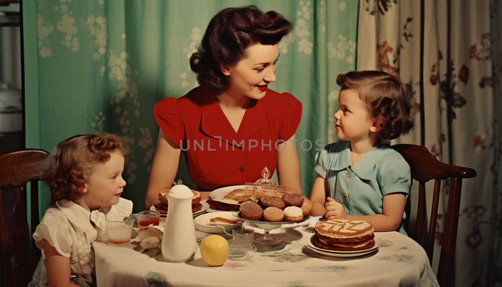 Vintage mother with her two daughters have breakfast at home. Monochrome, grunge textures, intentional styled to the 1950s Retro family concept background at home happy