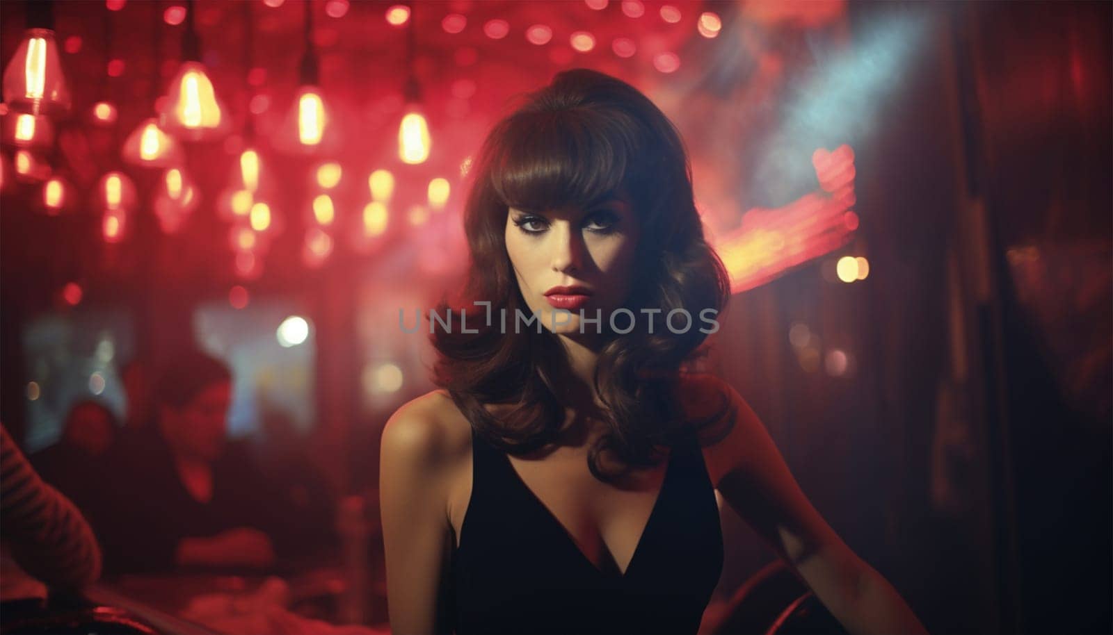 Elegant vintage woman in club or disco. Happy and active dancers woman in retro style clothes dancing disco dance over green background. 1970s, 1980s fashion, music, hippie lifestyle luxury lifestyle