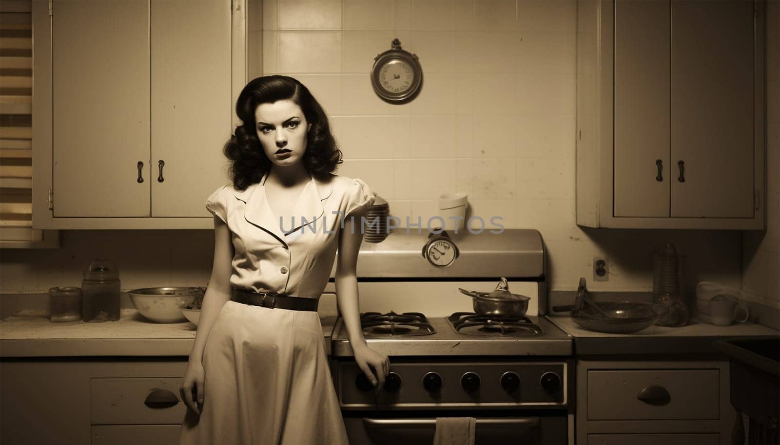 Vintage portrait of a unhappy housewife in the kitchen. Young beauty woman cooks in the kitchen retro style old design beautiful