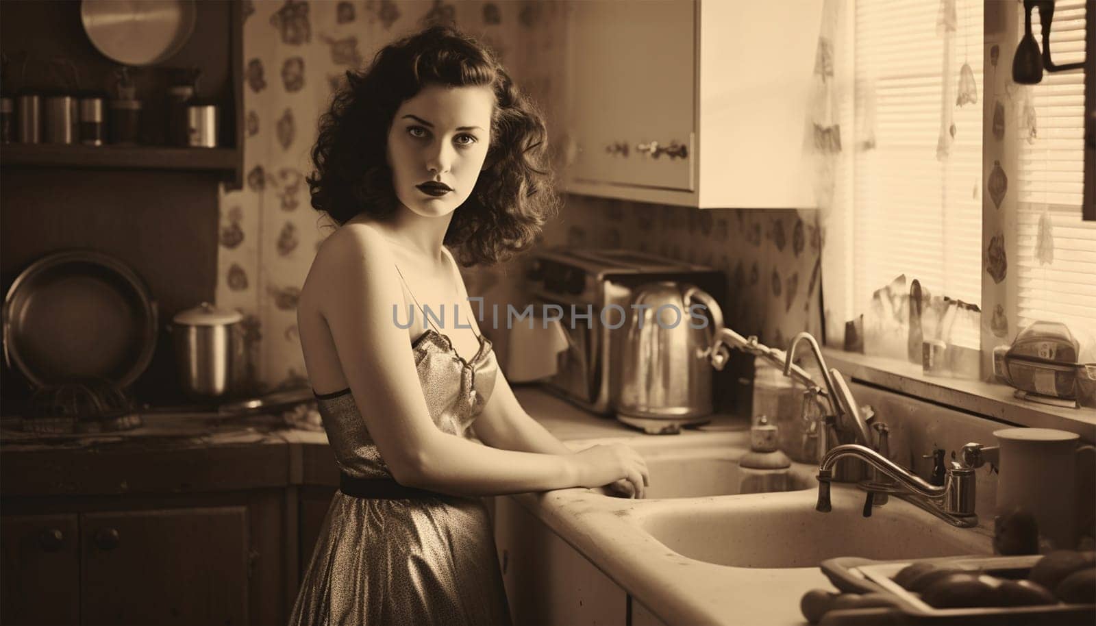 Vintage portrait of a unhappy housewife in the kitchen. Young beauty woman cooks in the kitchen retro style old design beautiful