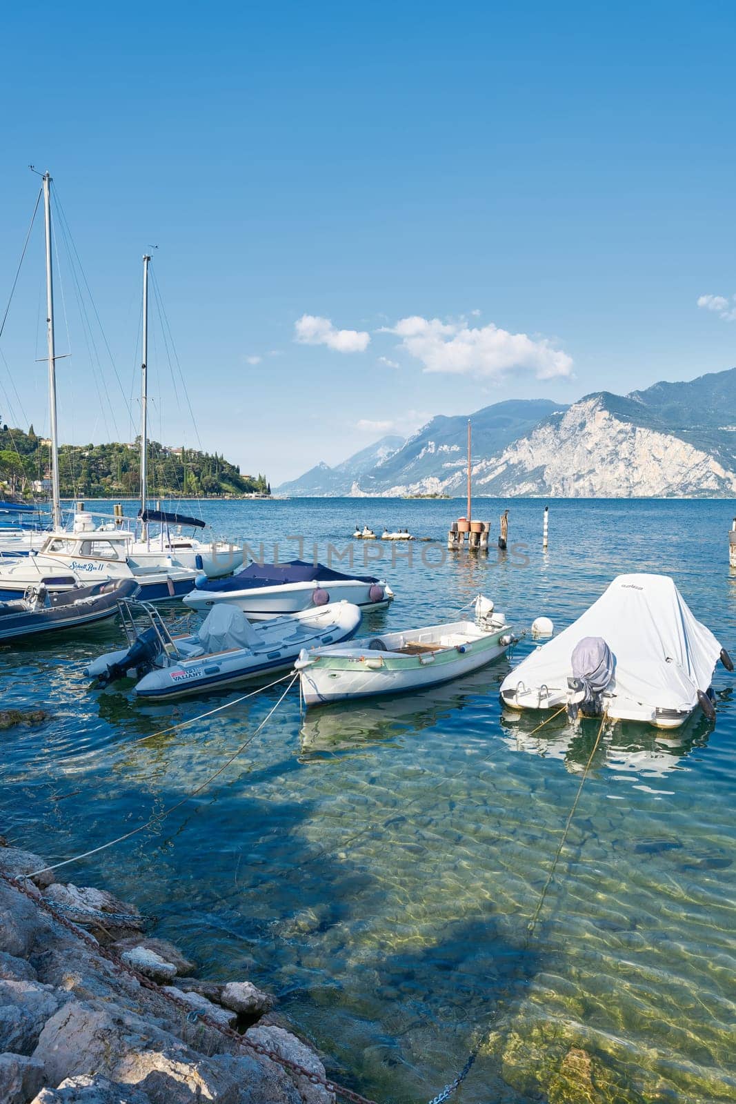 Boats off the coast of Lake Garda near Malcesine in Italy