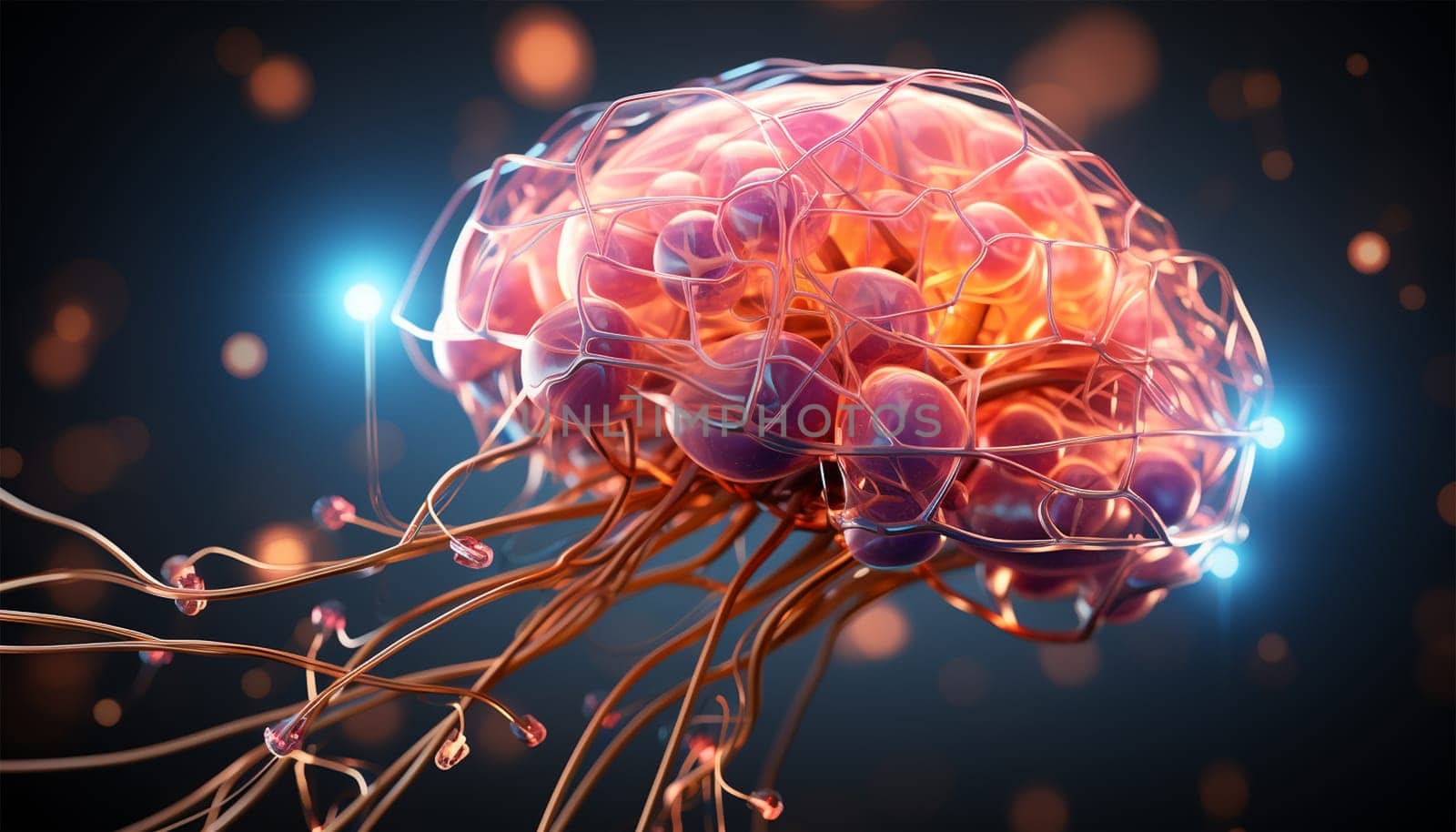 Concept of an Active Human Brain on a Dark Background. Colorful neon colors inside of a brain 3D, Human thinking mechanism concept. Brain research Copy space Space for text