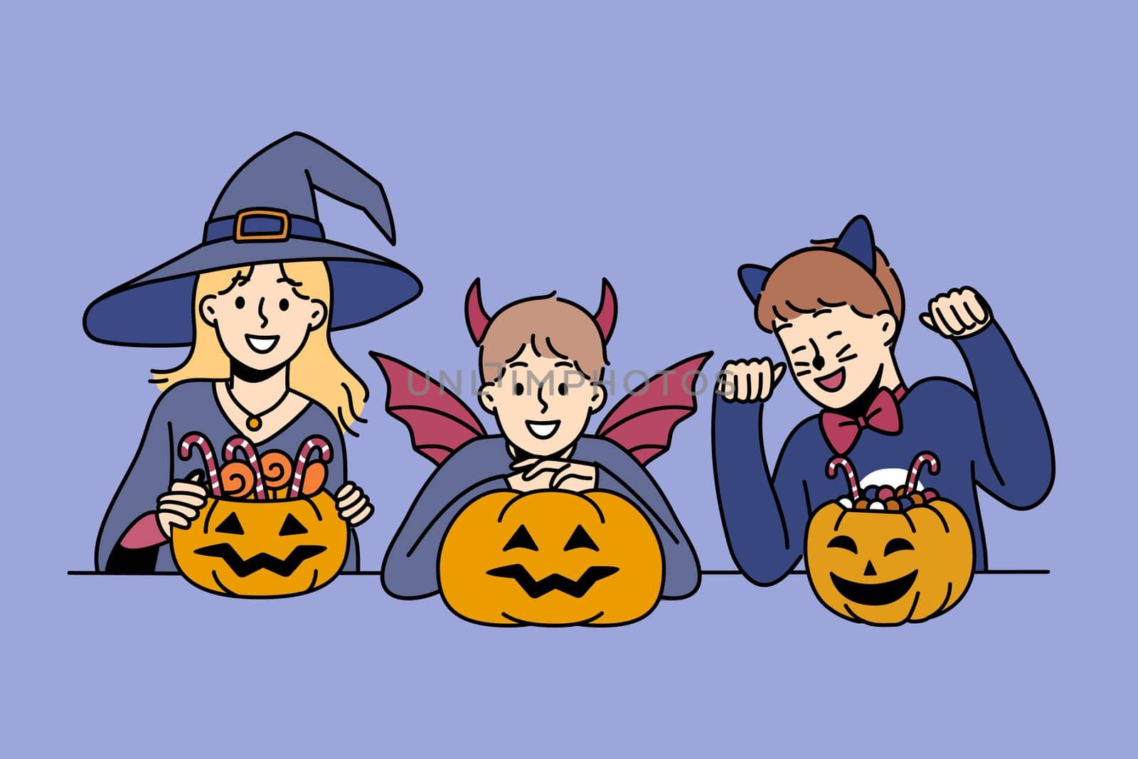 Little children in halloween attire hold pumpkins with treats and smile, rejoicing in coming of october 31st holiday. Boys and girls prepare to celebrate halloween or collect treats from neighbors