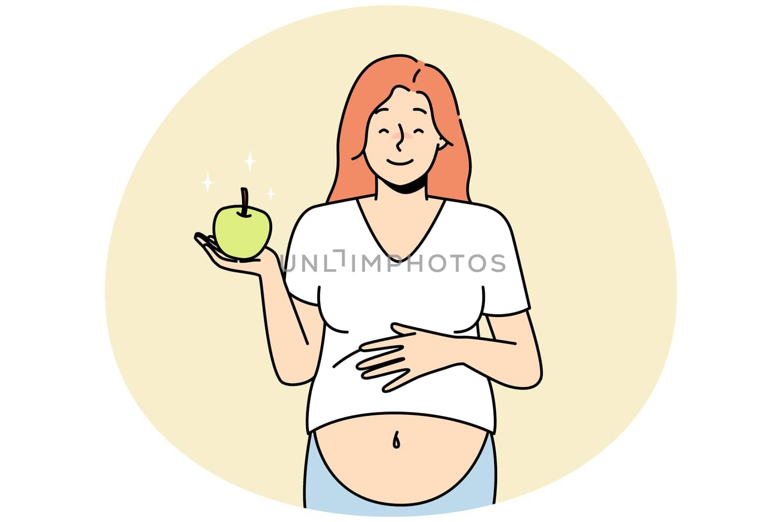 Smiling pregnant woman with apple. Vector Smiling young pregnant woman holding apple recommend healthy diet. Happy female follow pregnancy nutrition eat fruits. Vector illustration.