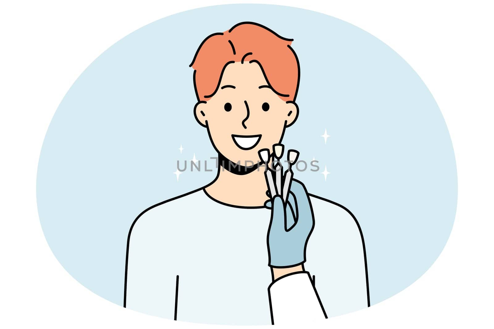 Dentists hand with veneers comparing with client teeth in clinic. Concept of tooth prosthesis and dental care. Vector illustration.