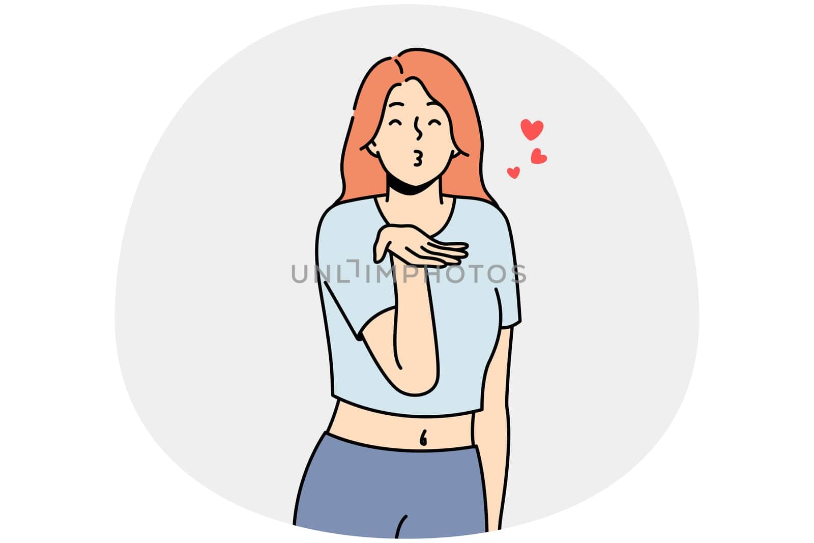 Happy young woman make hand gesture send air kisses. Smiling girl share love and affection. Romance and relationship. Vector illustration.