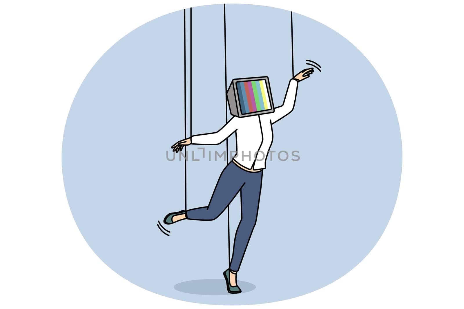 Unhappy young woman with TV on head and hands on ropes feeling manipulated. Girl manipulation with media and television. Vector illustration.