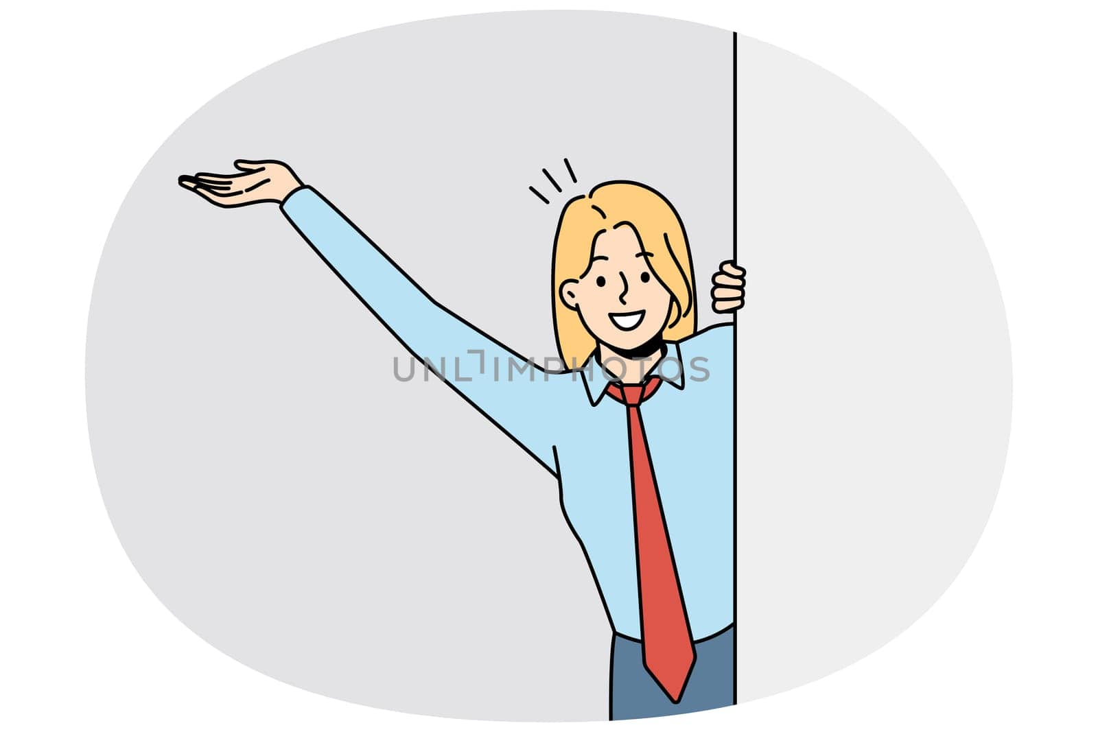 Smiling businesswoman look behind mockup white placard. Happy female employee look and wave near empty poster with advertisement. Copy space. Vector illustration.