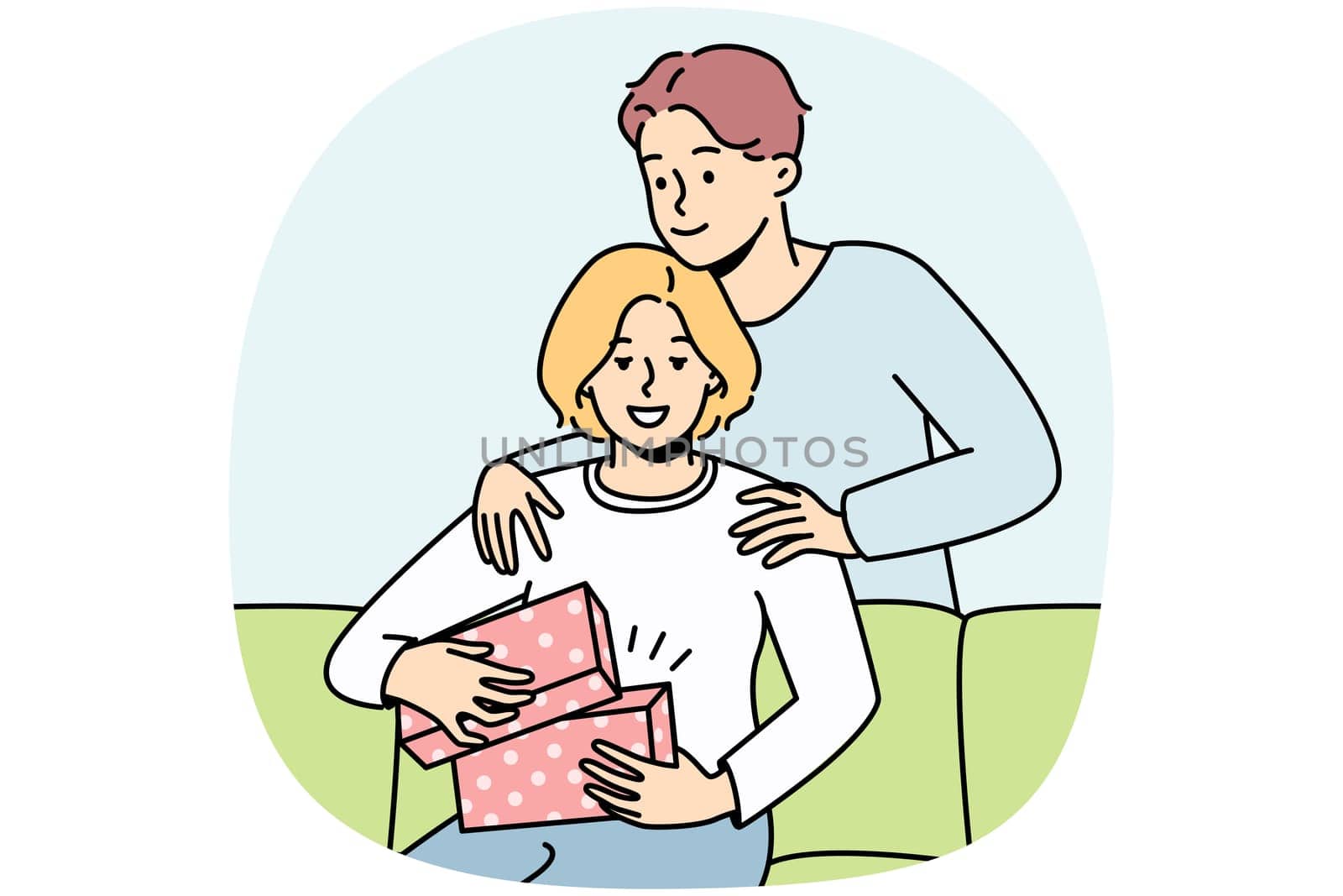 Loving young man make birthday present to excited woman at home. Caring male surprise congratulate happy female with anniversary. Vector illustration.