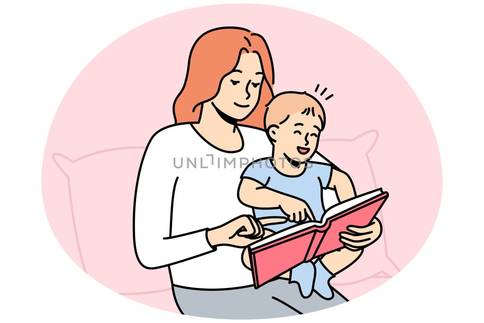Happy caring young mother with little baby infant reading book together. Smiling loving mom play with small child at home. Motherhood concept. Vector illustration.