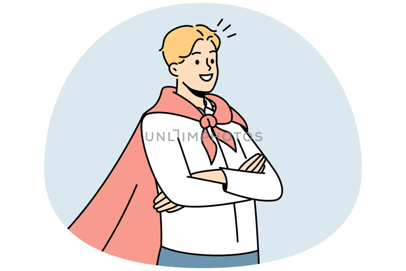 Smiling motivated man wearing superman coat satisfied with achievement or accomplishment. Happy successful businessman in superhero coat. Vector illustration.