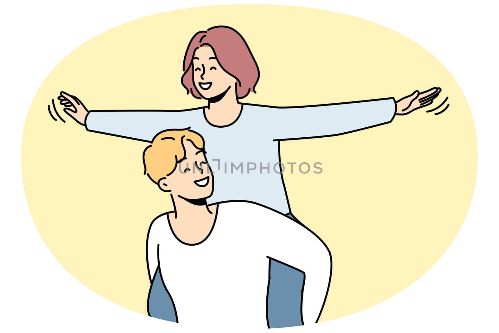 Happy young woman piggyback smiling man have fun together. Loving guy carrying on shoulders excited girl. Love and relationships. Vector illustration.