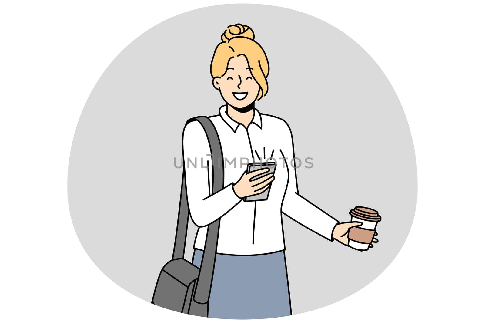 Smiling businesswoman use cellphone drink coffee from takeaway cup. Happy motivated female employee enjoy takeout drink browse smartphone. Vector illustration.