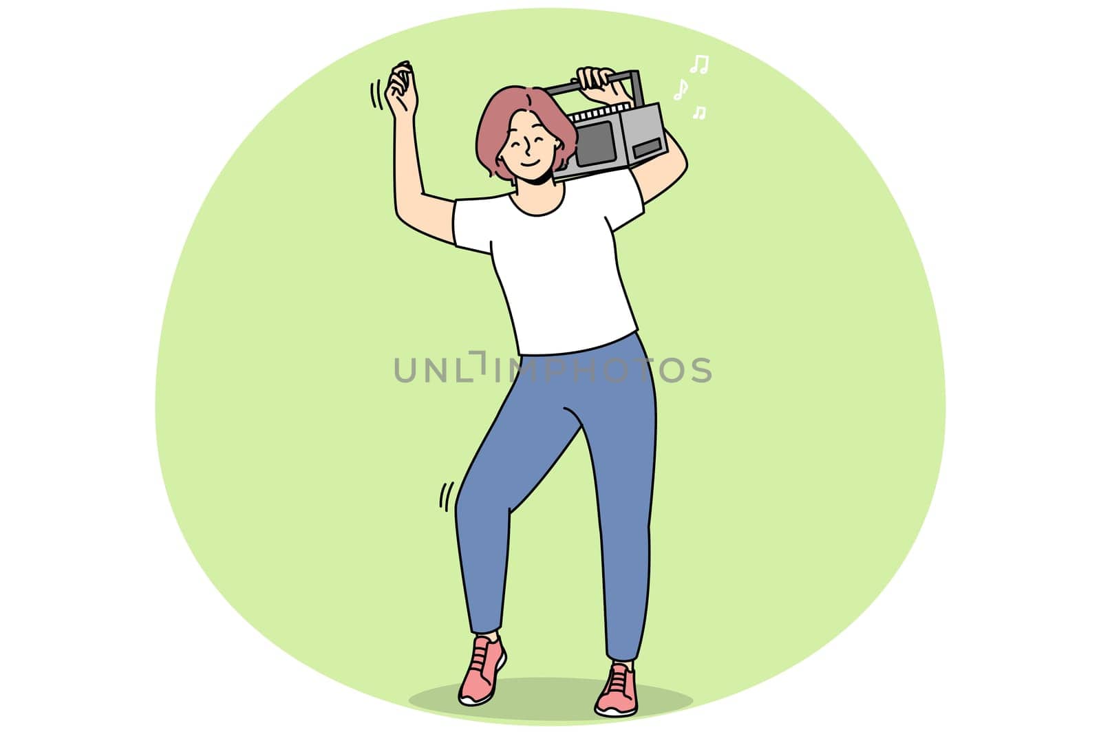 Overjoyed young woman with stereo on shoulder dancing and having fun. Smiling girl enjoy music on boombox device. Vector illustration.