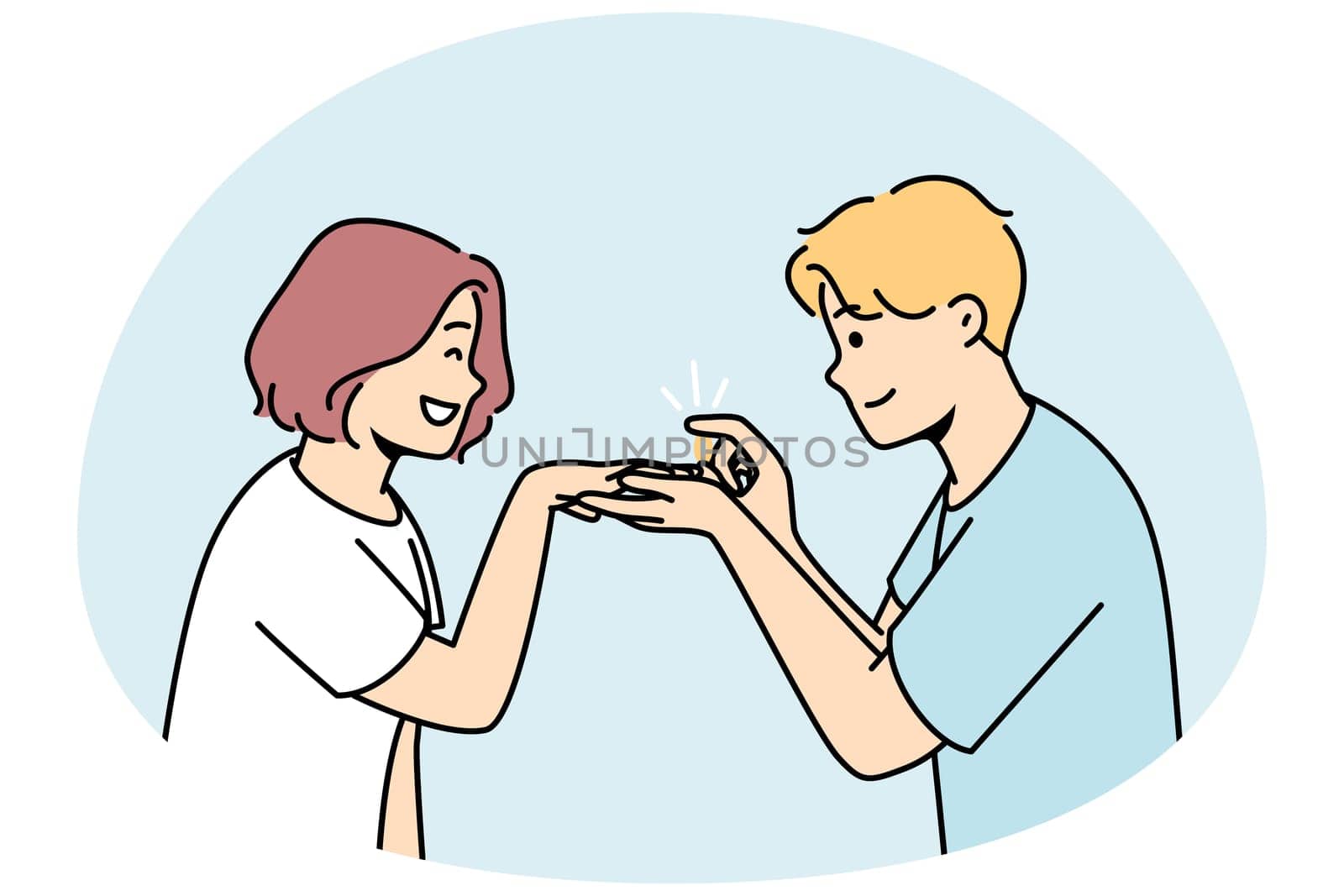 Loving man make proposal to excited woman. Caring happy male put engagement ring on smiling female finger. Marriage and relationship goal. Vector illustration.