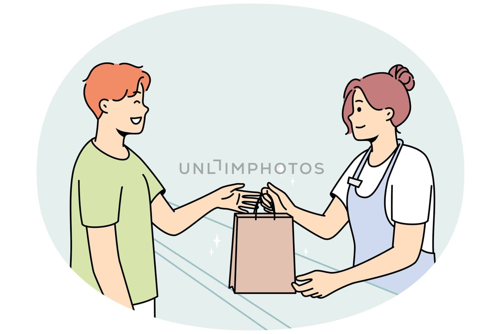 Smiling female cashier give cardboard bag to happy male customer in shop. Happy woman seller hand package to excited man client in store. Vector illustration.