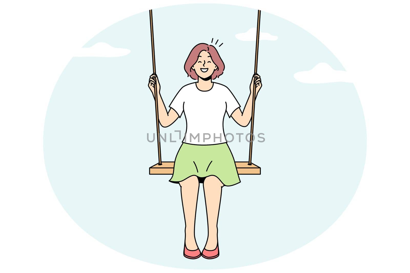 Smiling young woman sit on swing in clouds dreaming. Happy girl swaying on tilt in sky. Dreamer and visualization. Vector illustration.