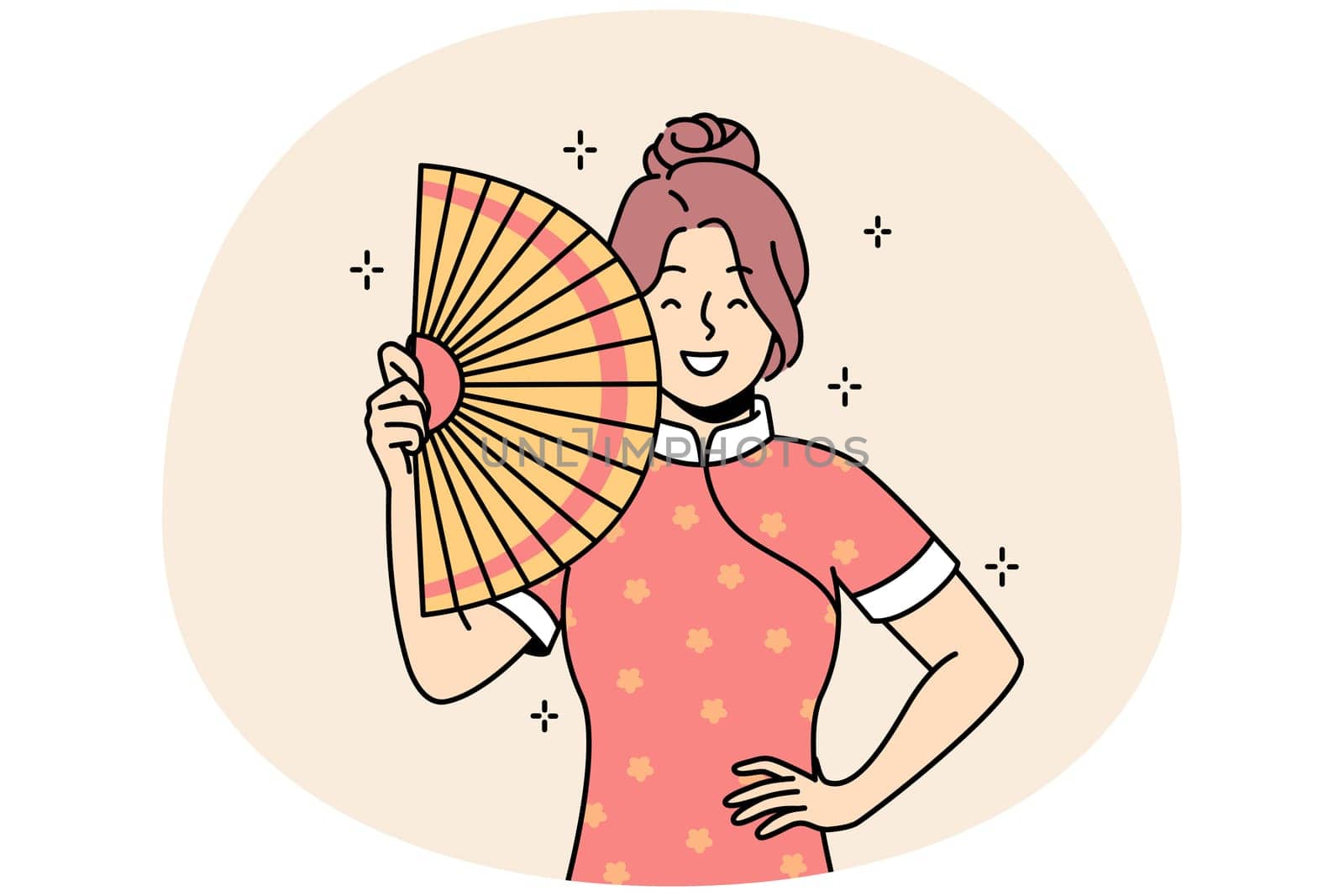 Smiling young Asian woman in traditional dress with hand fan. Happy ethnic girl posing in cultural clothing. Culture and ethnicity. Vector illustration.