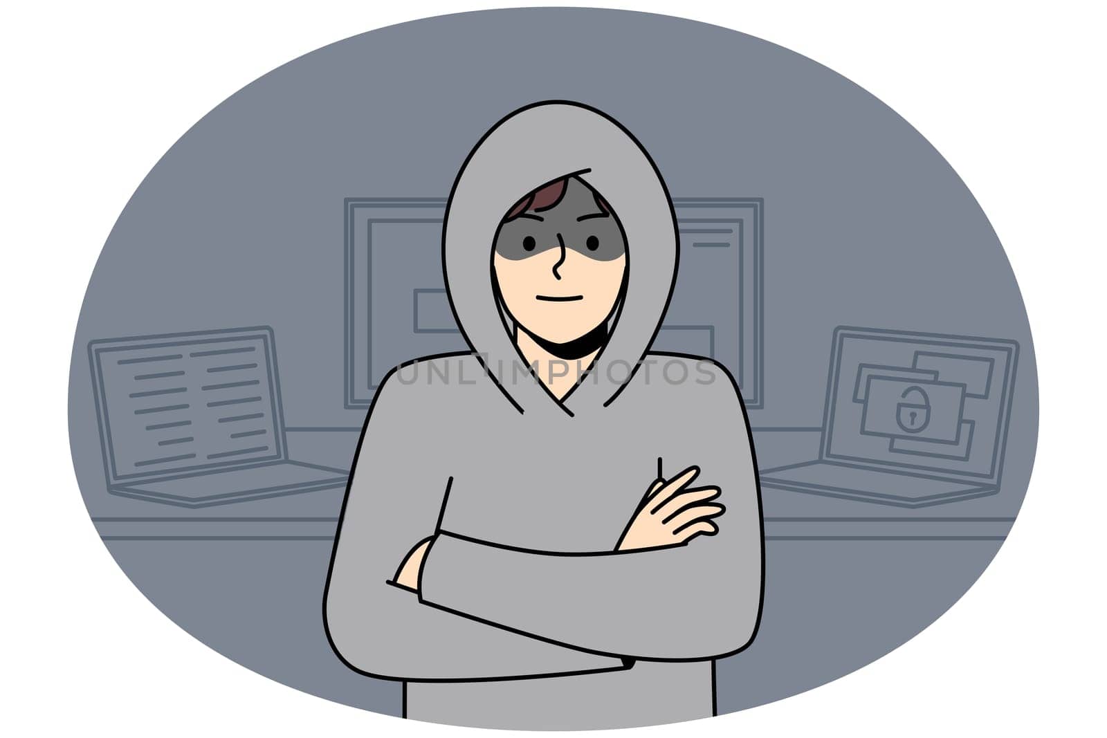Young man in hood standing near computers hacking internal operations system. Suspicious male hacker near laptops and gadgets. Device security. Vector illustration.
