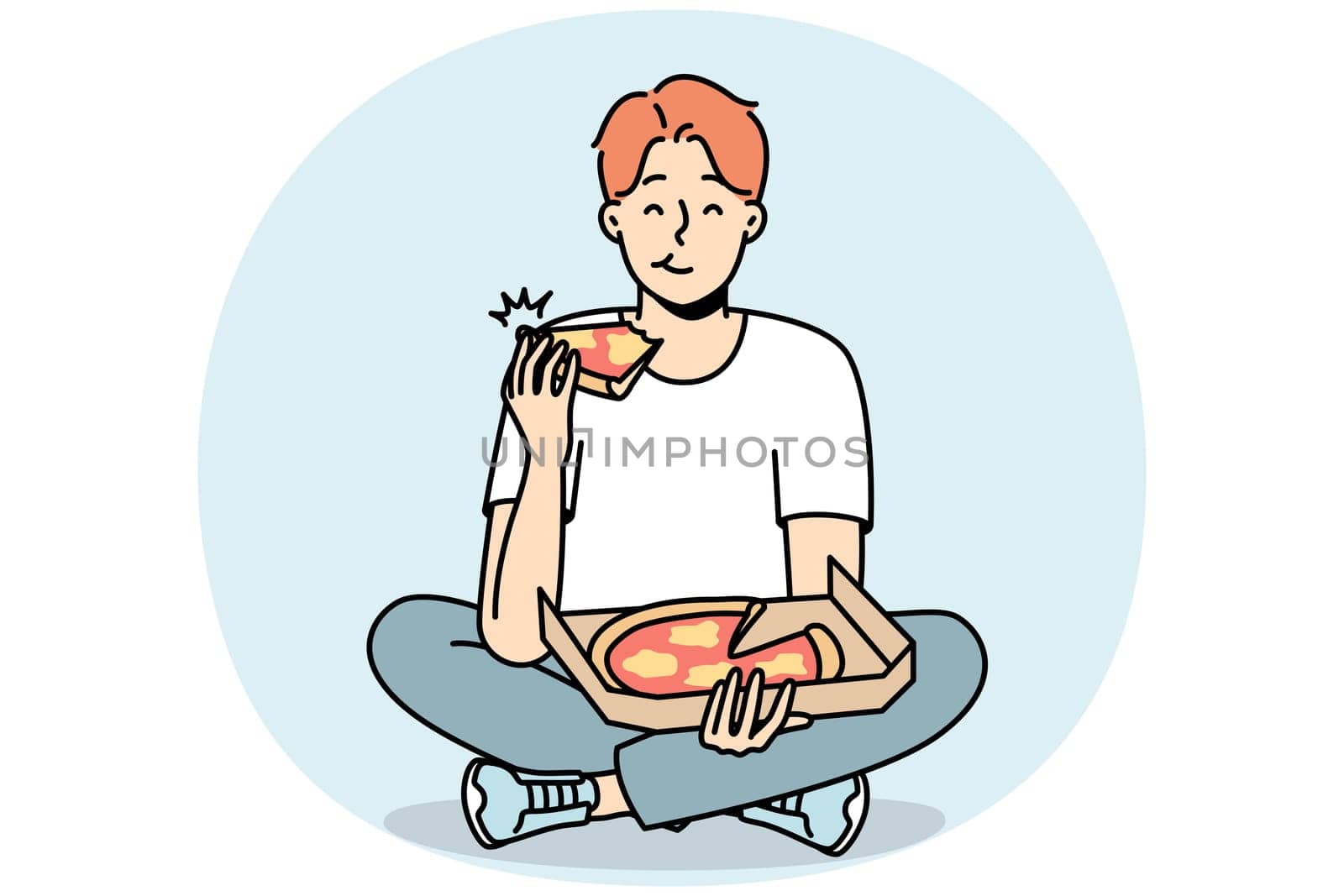Smiling young man eating delicious pizza. Happy guy enjoy tasty Italian food sitting on floor. Nutrition and takeaway delivery. Vector illustration.
