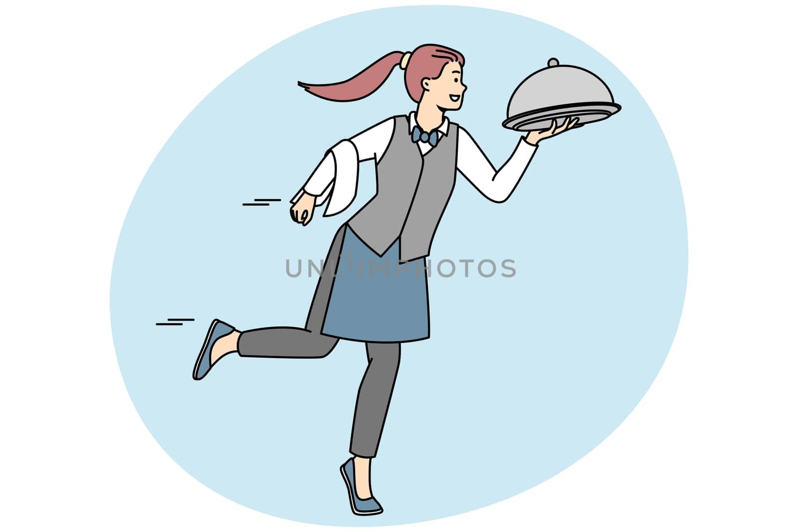 Smiling waitress in uniform bringing dish to client in restaurant. Happy female server with meal working in cafe. Good service concept. Vector illustration.