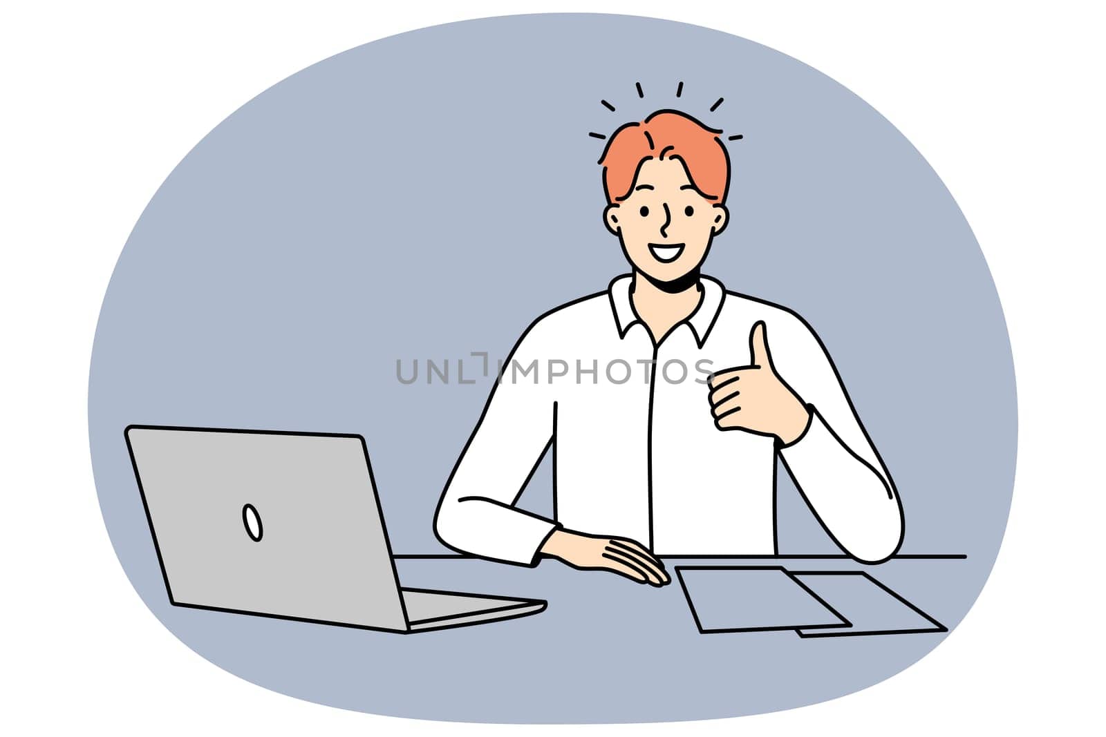 Smiling man at office desk show thumb up