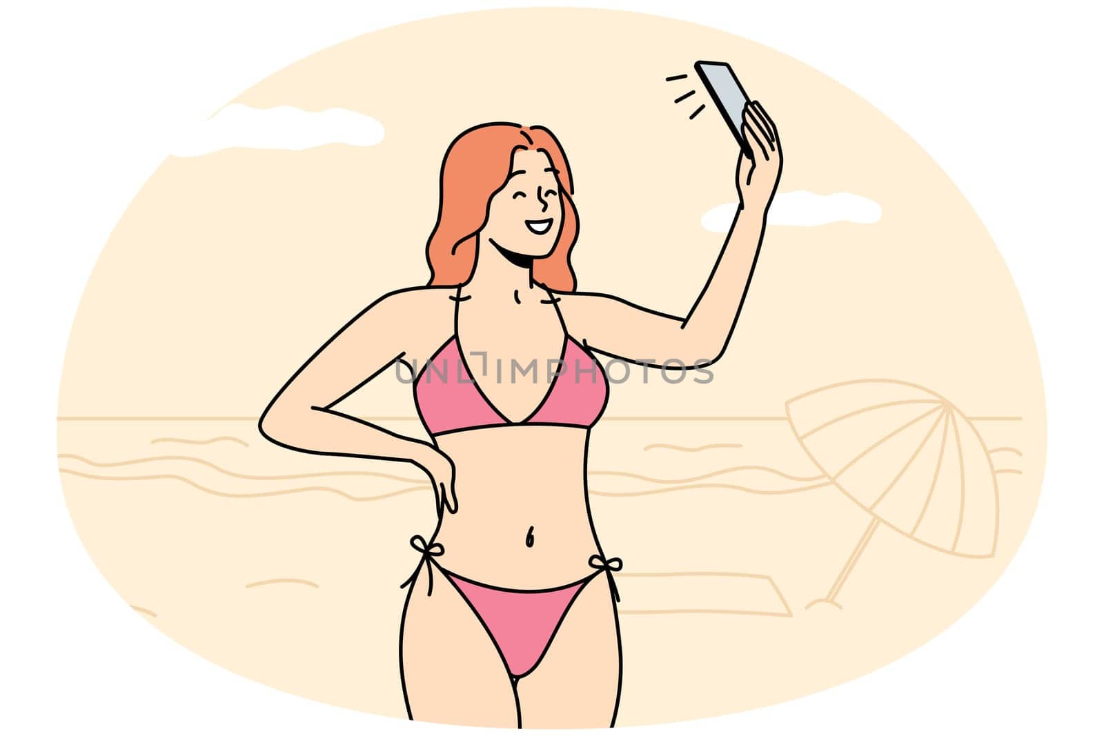 Smiling sexy young woman in bikini make self-portrait picture on cellphone on beach. Happy girl in swimsuit take selfie on smartphone on shore. Vector illustration.