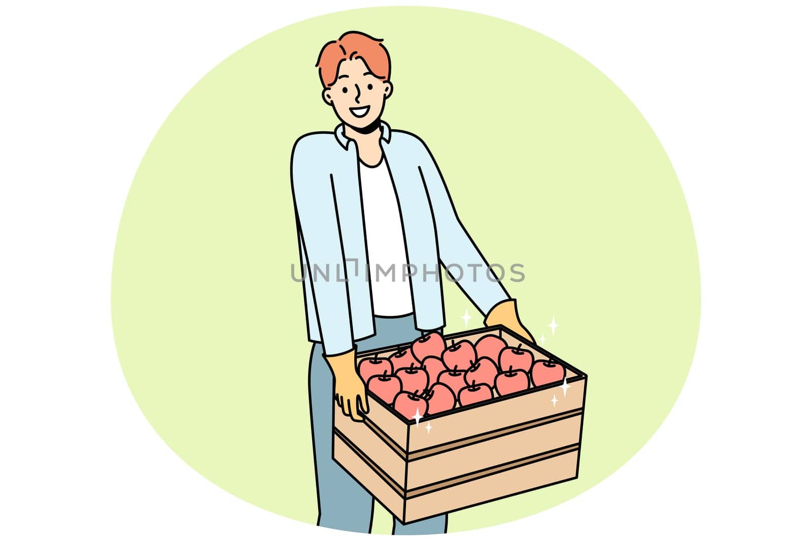 Smiling man with wooden box of apples. Happy guy farmer carry package with fruits. Farming and gardening. Vector illustration.