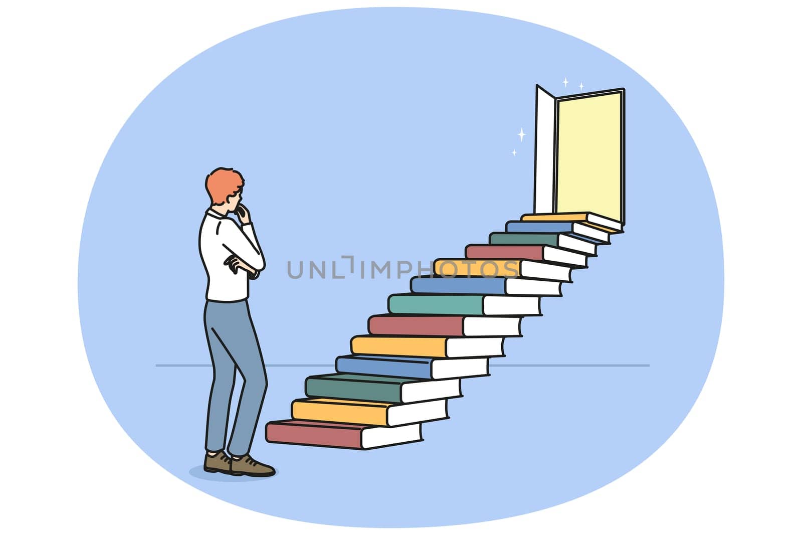 Young man standing near stairs made of books thinking or brainstorming. Pensive male consider education. Open doors near staircase from textbooks. Vector illustration.