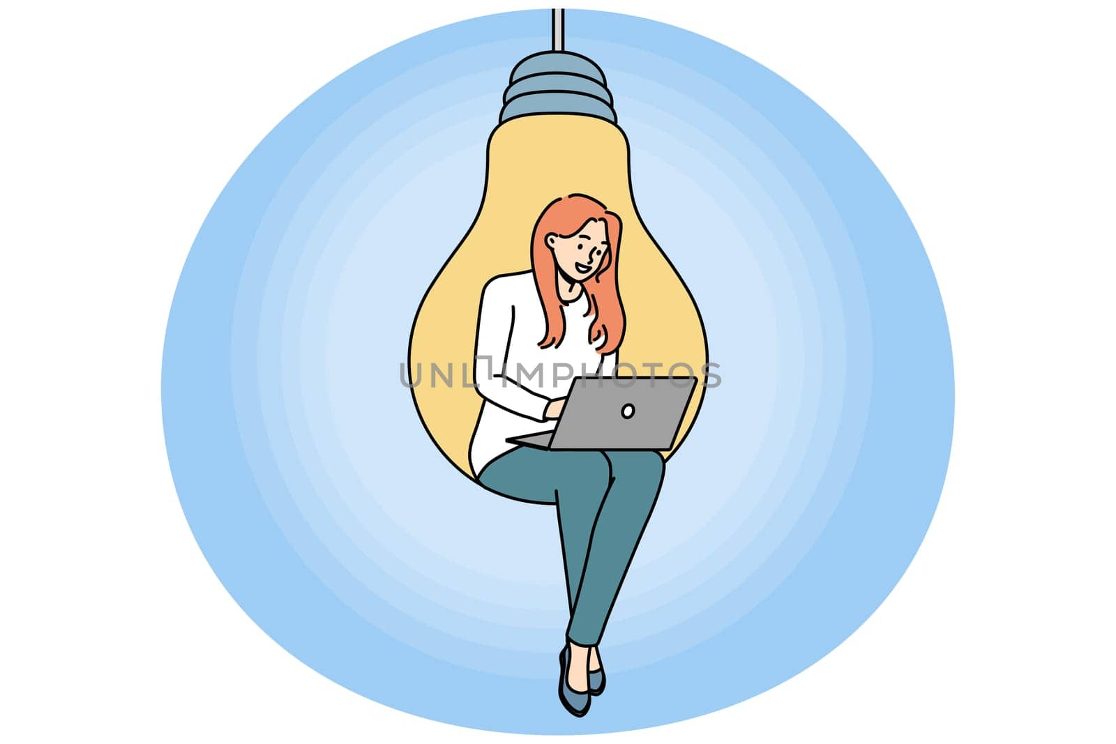 Young woman sitting on huge light bulb working on laptop. Confident motivated female employee on lightbulb busy with computer job. Innovation and brainstorm. Vector illustration.
