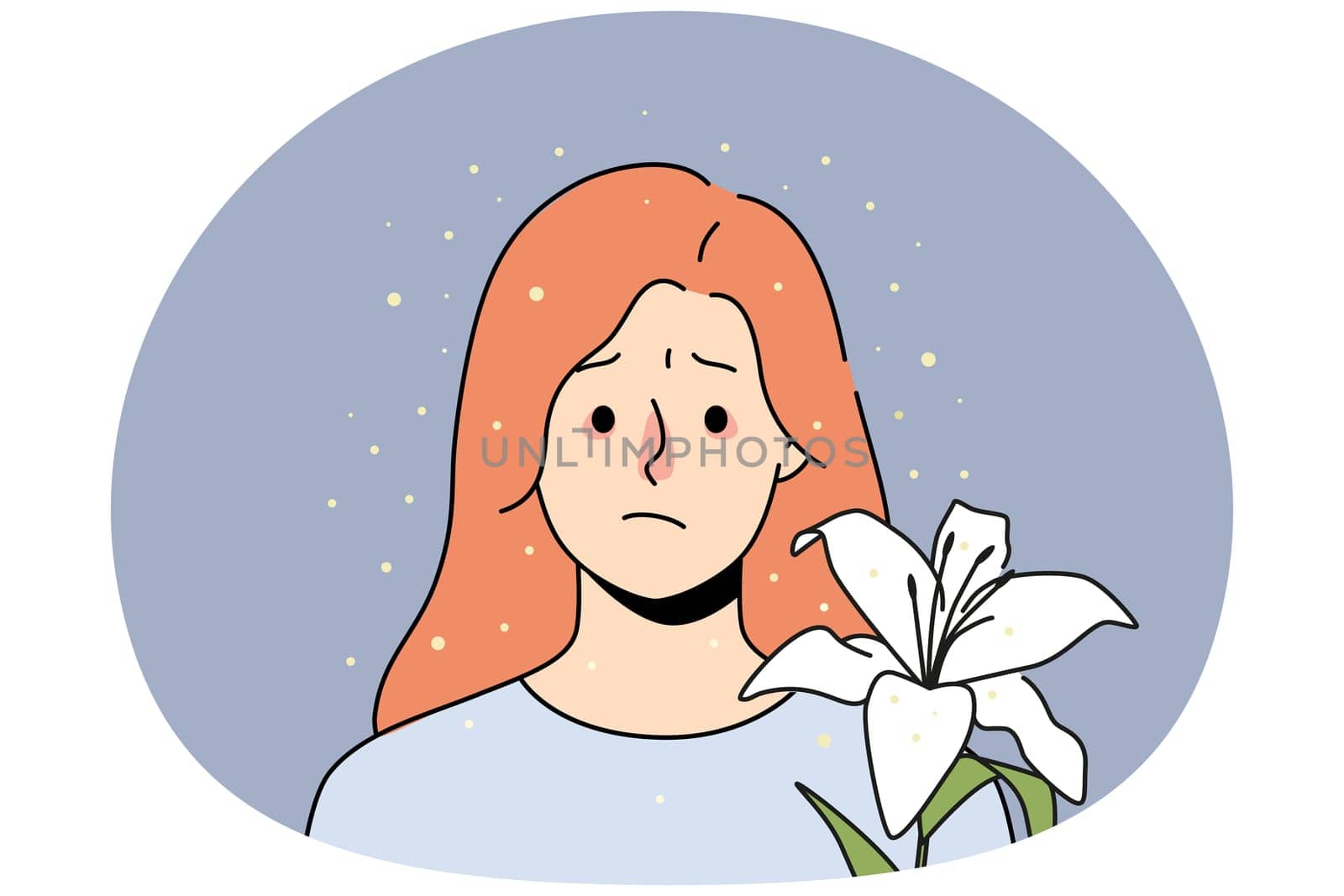 Unhappy sick young woman with red nose suffer from flower allergy. Ill girl struggle with pollen allergic reaction. Healthcare concept. Vector illustration.