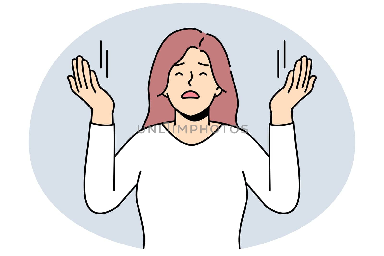 Young woman with hands raised up praying. Religious spiritual female ask for forgiveness. Faith and religion. Vector illustration.