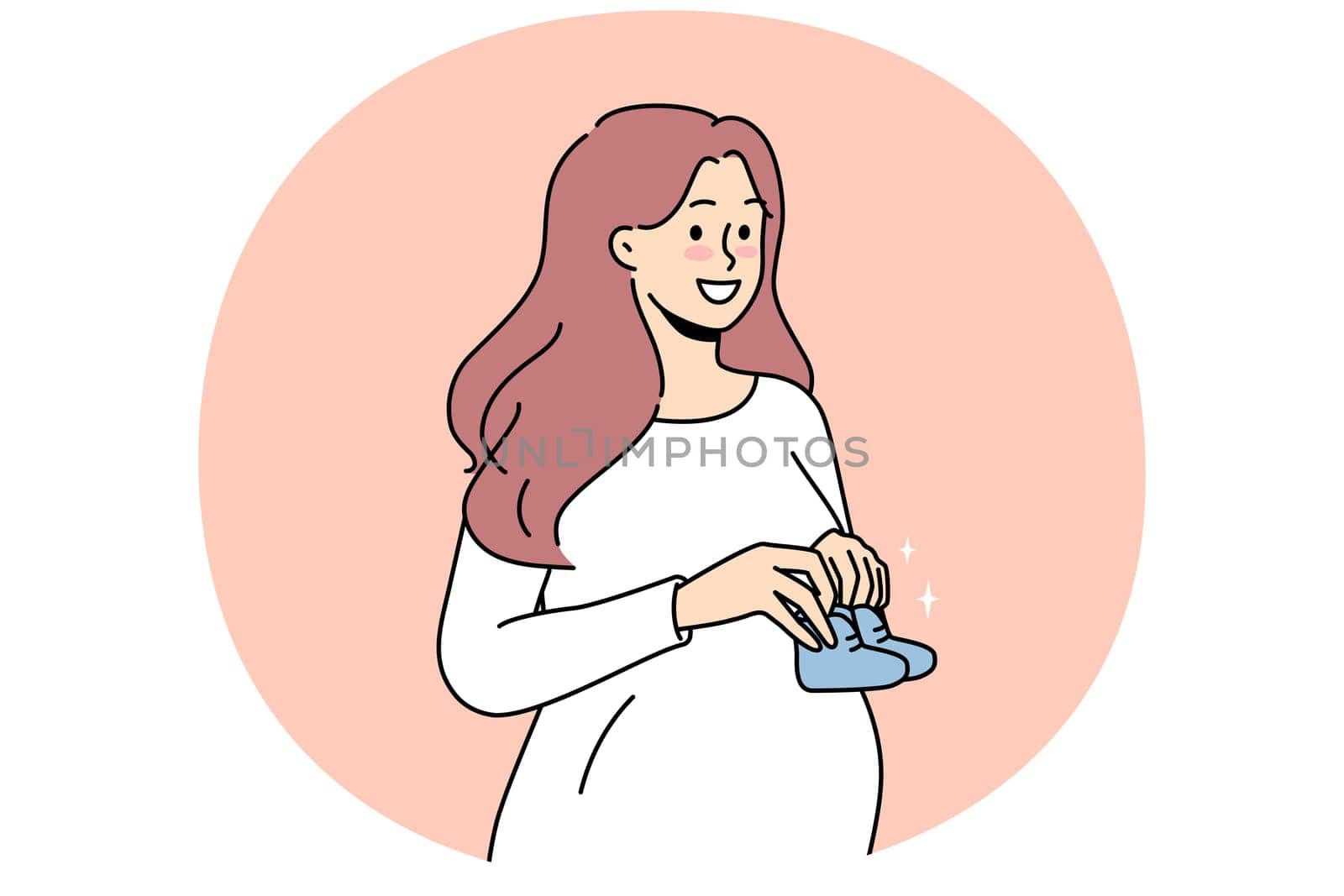 Smiling young pregnant woman holding baby shoes in hands excited about motherhood. Happy future mother awaiting parenthood. Pregnancy. Vector illustration.