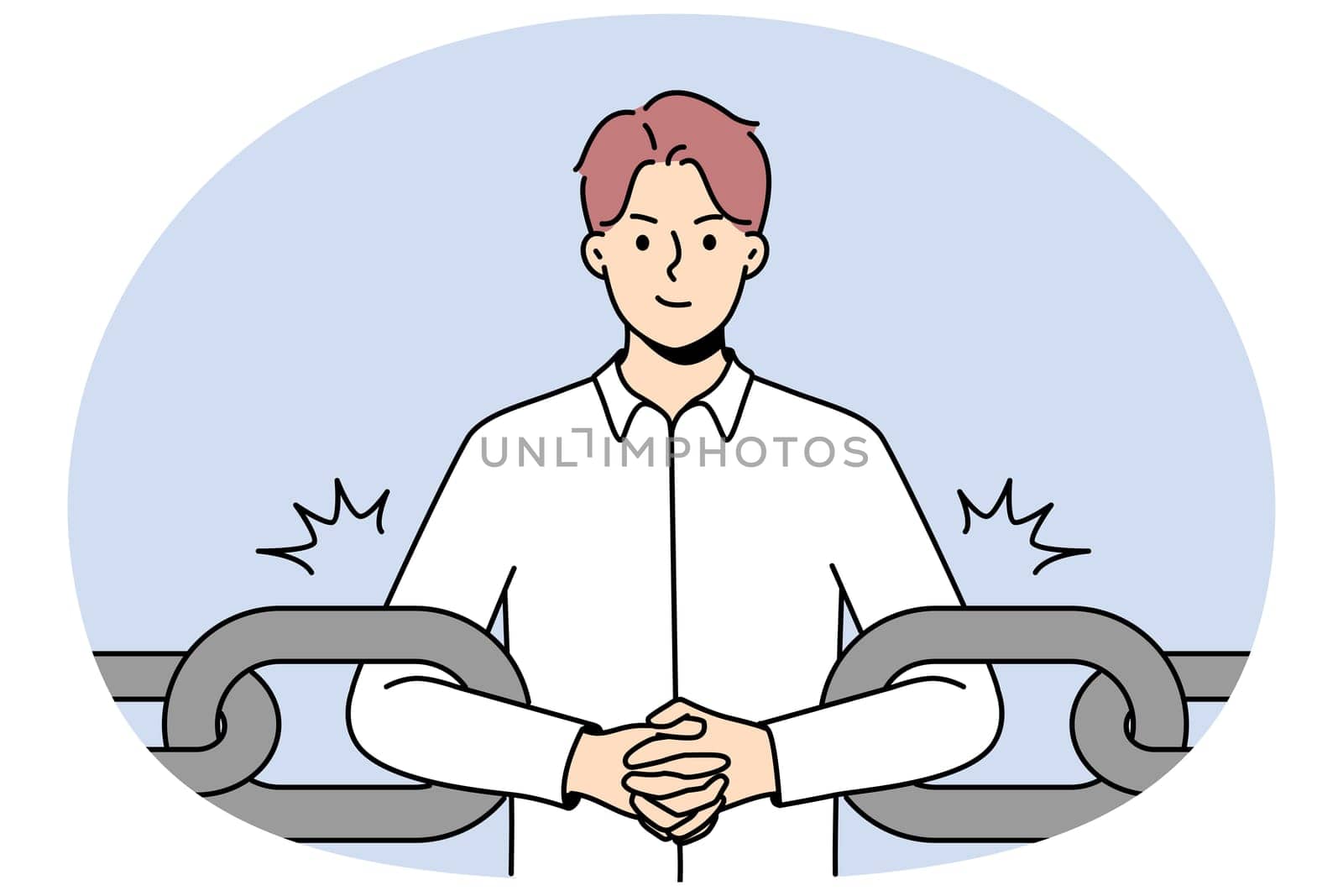Young businessman as part of chain. Male employee or worker as link of chain at workplace. Engaged as business work element. Vector illustration.