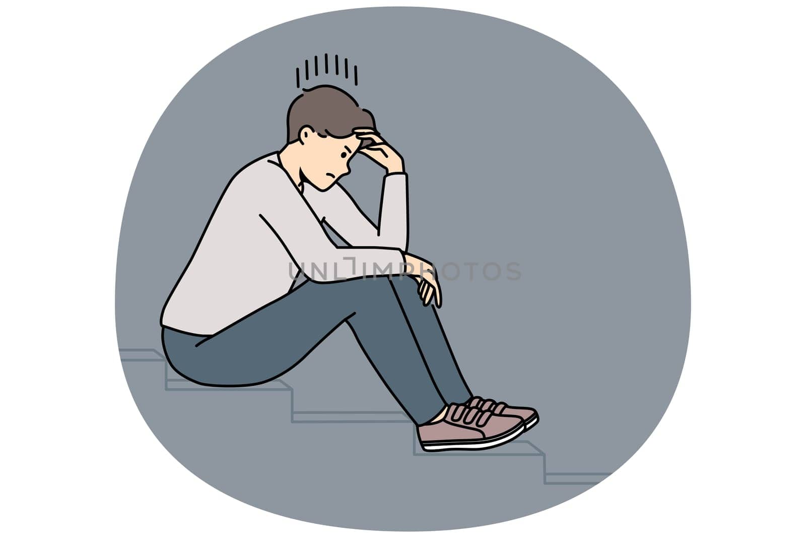Stressed man sit on stairs thinking or making plan. Distressed unhappy guy lost in thoughts having dilemma or issue. Vector illustration.