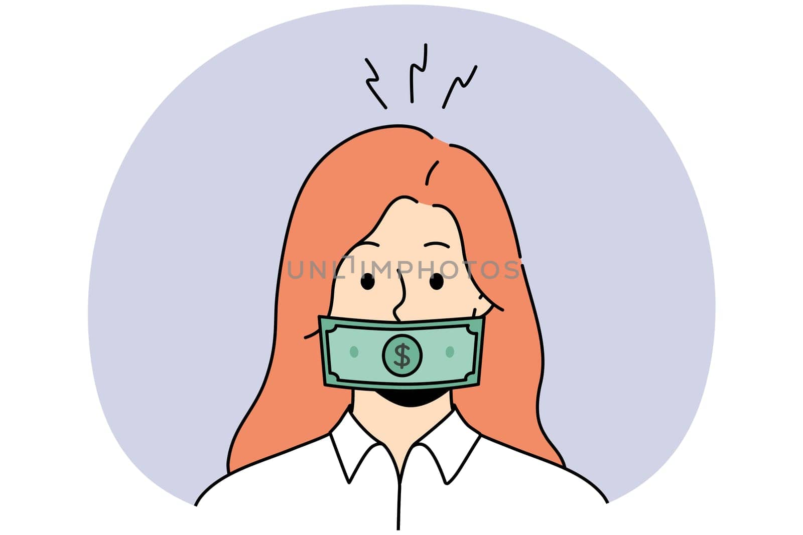 Woman with dollar banknote on mouth get bribe. Female with money covering face engaged in corruption and bribery. Vector illustration.