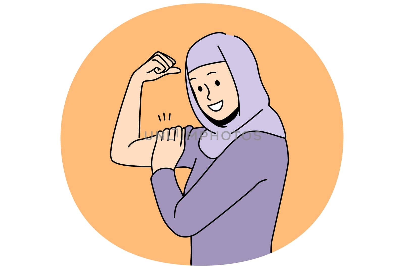 Smiling young woman in hijab show muscle demonstrate power. Happy Arabic female feel powerful and strong. Leadership concept. Vector illustration.