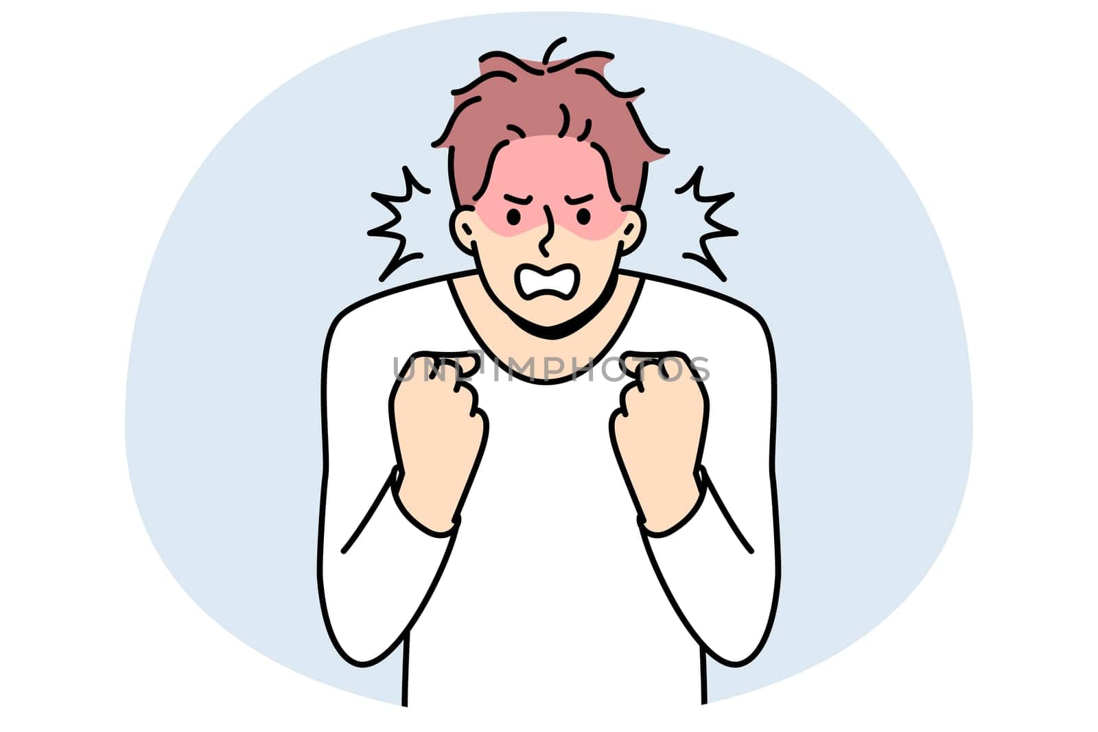 Furious young man clench fists struggle with madness or panic. Angry male feeling emotional and enraged. Rage and emotion control. Vector illustration.