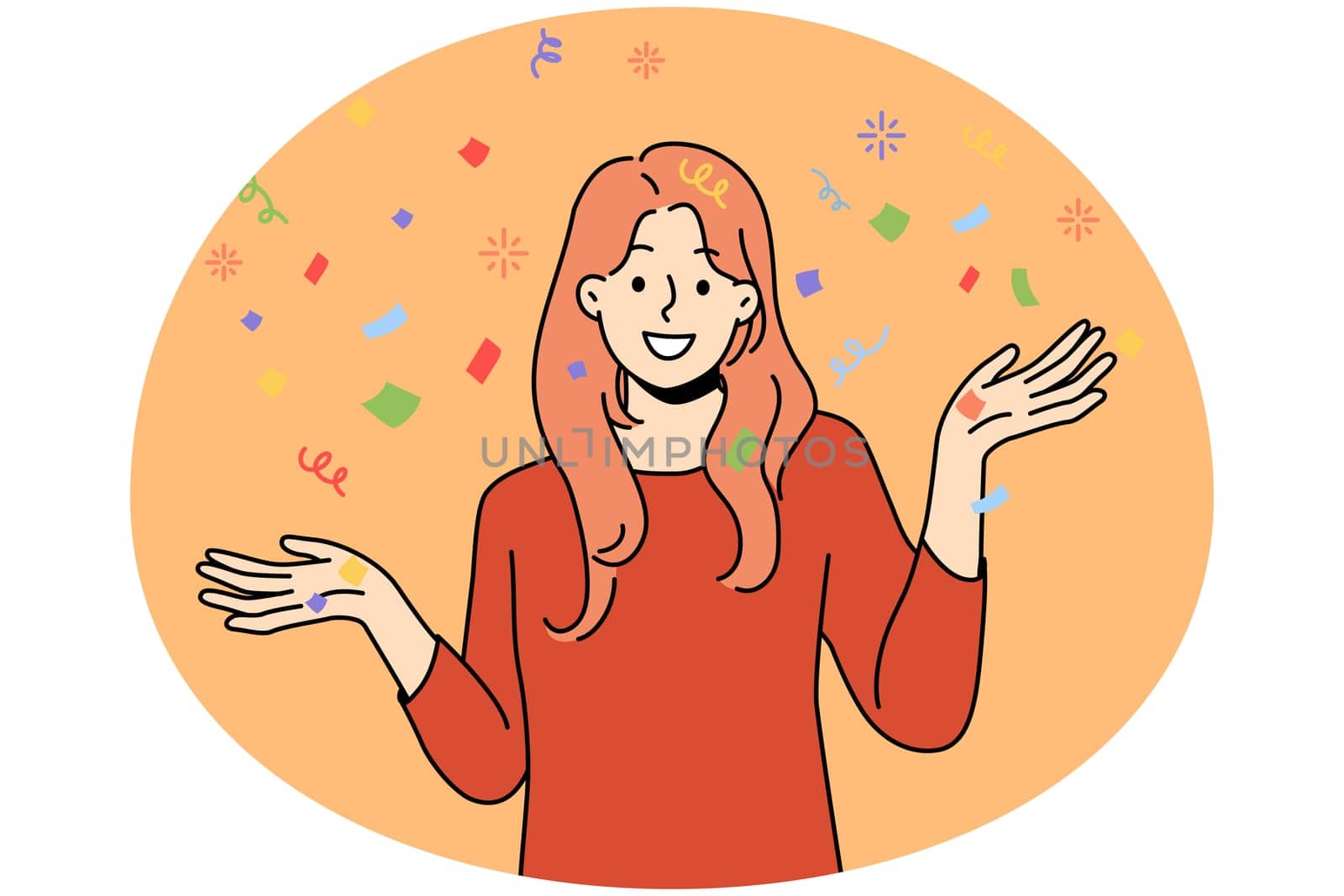 Smiling young woman with confetti have fun celebrating. Happy girl enjoy party or celebration. Vector illustration.