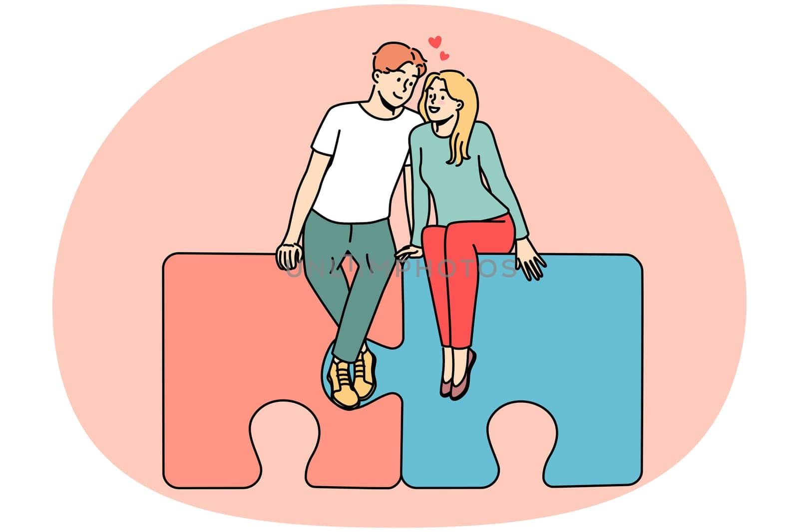Happy couple sitting on jigsaw puzzles hugging. Smiling man and woman embrace find love together. Relationship and affection. Vector illustration.