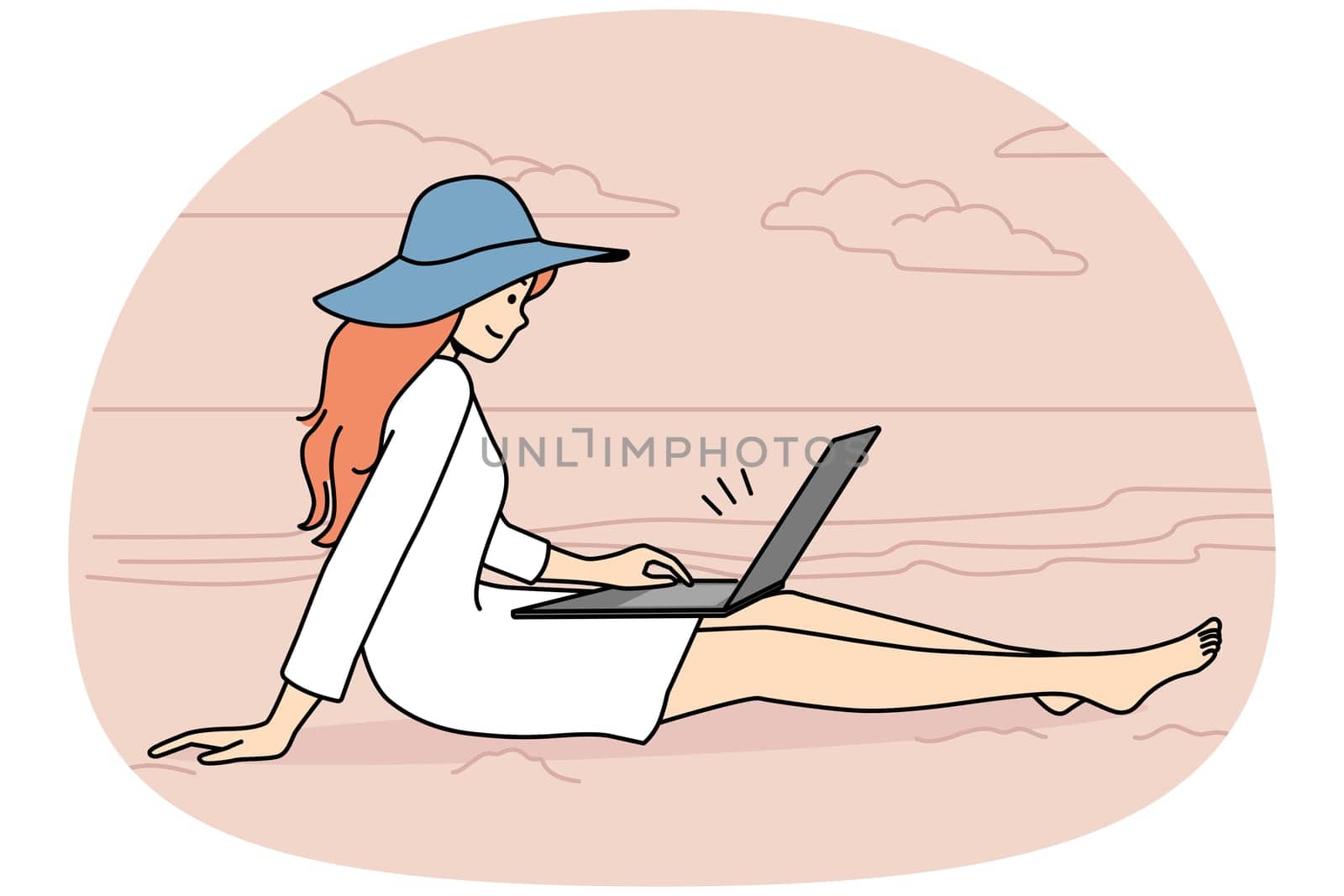 Happy female sit on seashore browse internet on computer freelancing on summer vacation. Vector illustration.