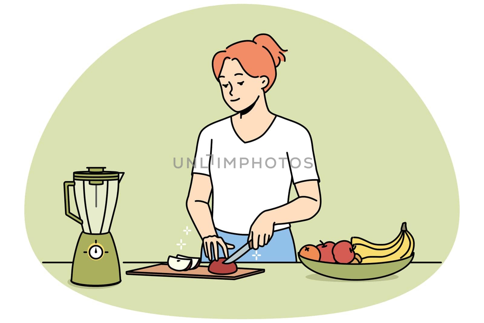 Happy young woman chopping fruits for smoothie. Smiling girl cut fresh fruit in kitchen follow healthy lifestyle. Vector illustration.