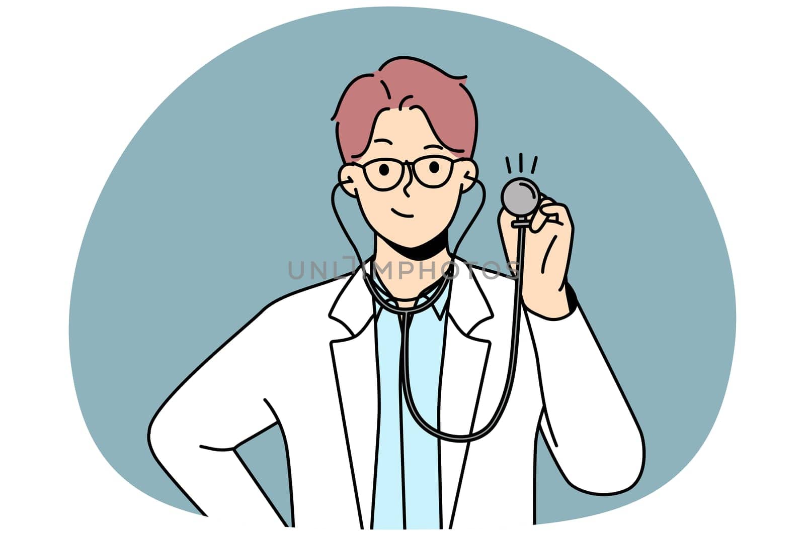 Smiling young male doctor in white medical uniform hold stethoscope ready to check or examine patient. Happy male GP or therapist checkup in hospital. Medicine. Vector illustration.
