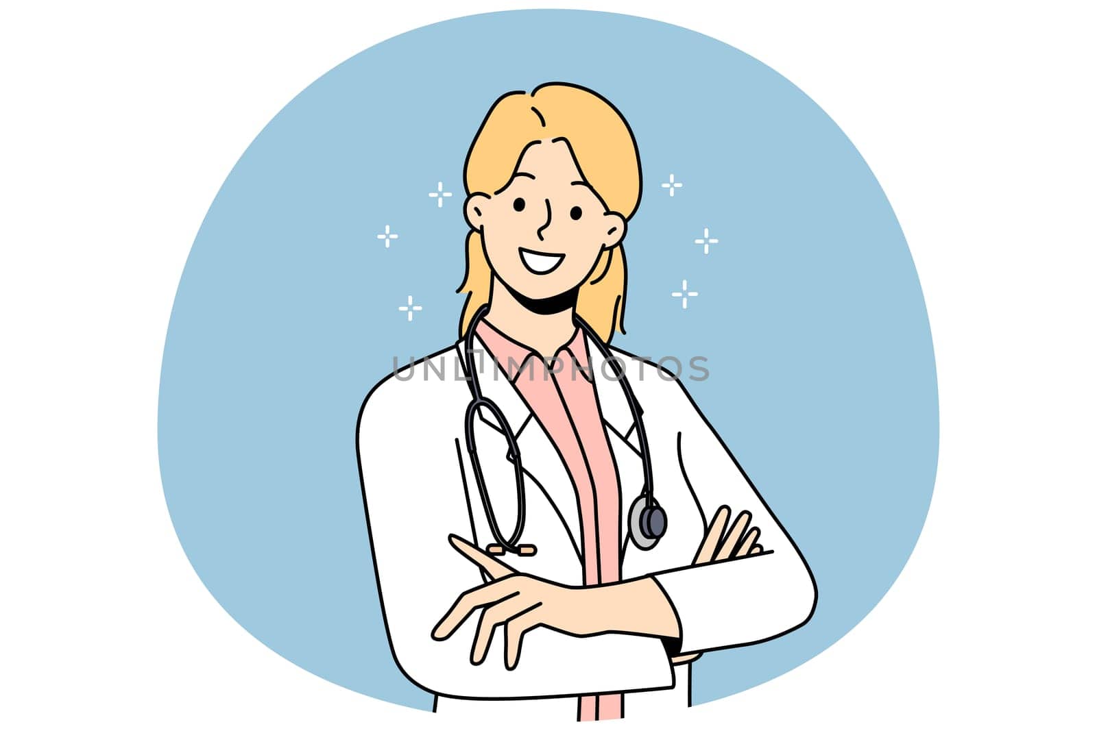 Smiling female doctor in white medical uniform feel positive and optimistic. Happy woman GP or therapist posing showing leadership qualities. Medicine. Vector illustration.
