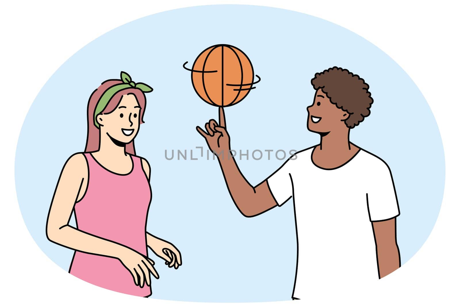 Happy multiracial friends have fun playing basketball outdoors. Smiling man and woman enjoy game on playground. Hobby and entertainment. Vector illustration.