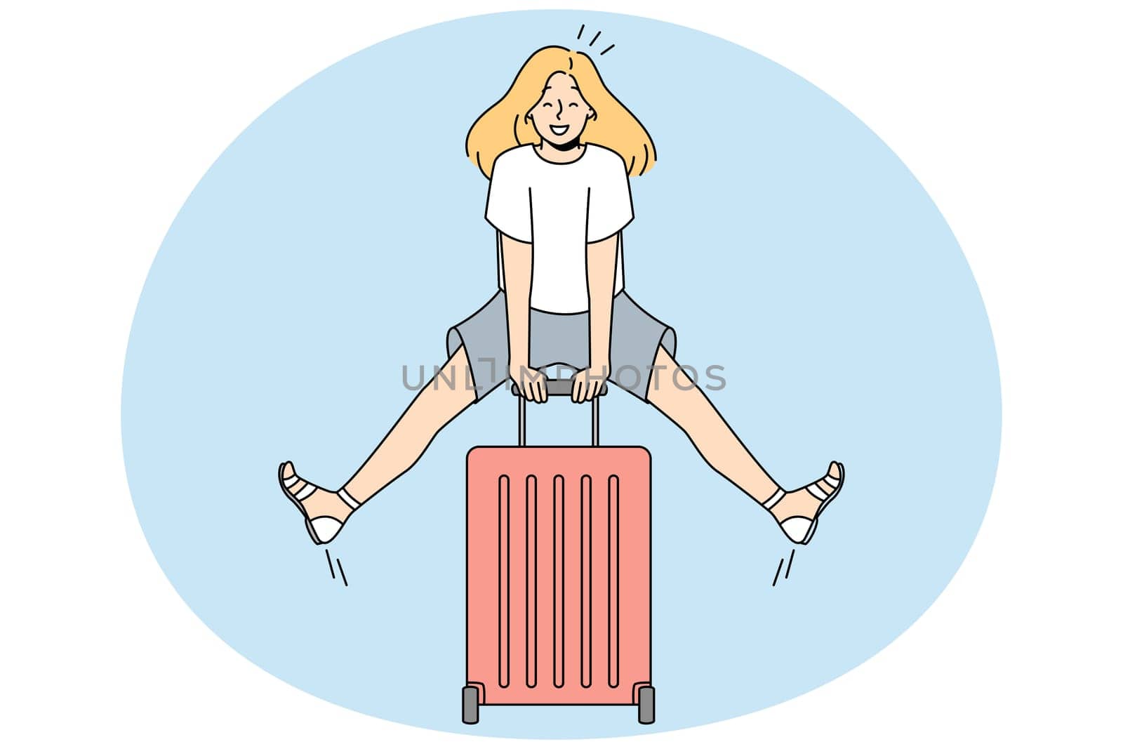 Excited young woman with suitcase feeling joyful with summer vacation. Smiling girl ready for summertime holidays. Vector illustration.