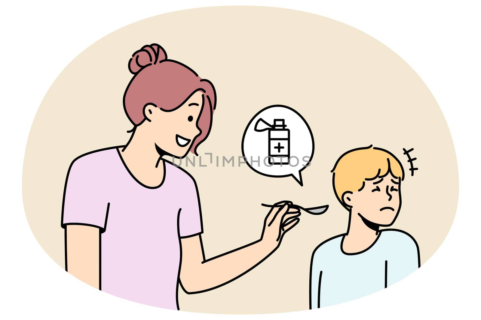 Mother giving unhappy sick child meds. Stubborn ill boy kid refuse taking medications. Children healthcare and medicine. Vector illustration.
