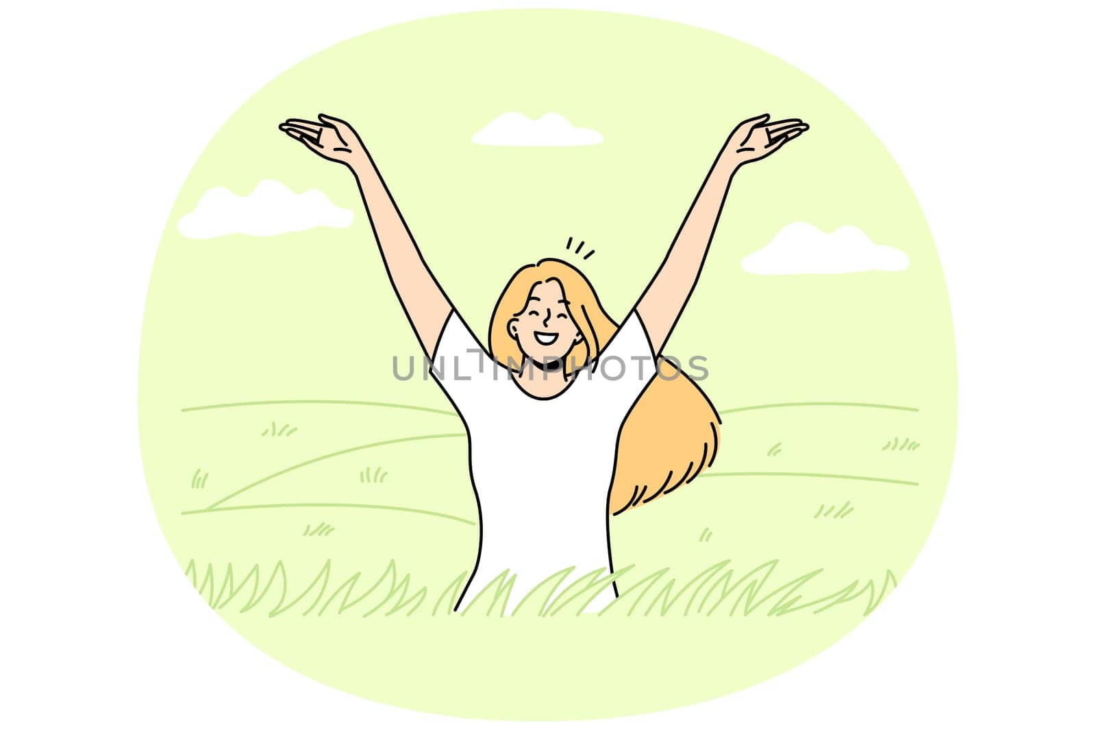 Overjoyed young woman in field feeling joyful and optimistic. Smiling girl relax in summer meadow enjoy mental health and optimism. Vector illustration.
