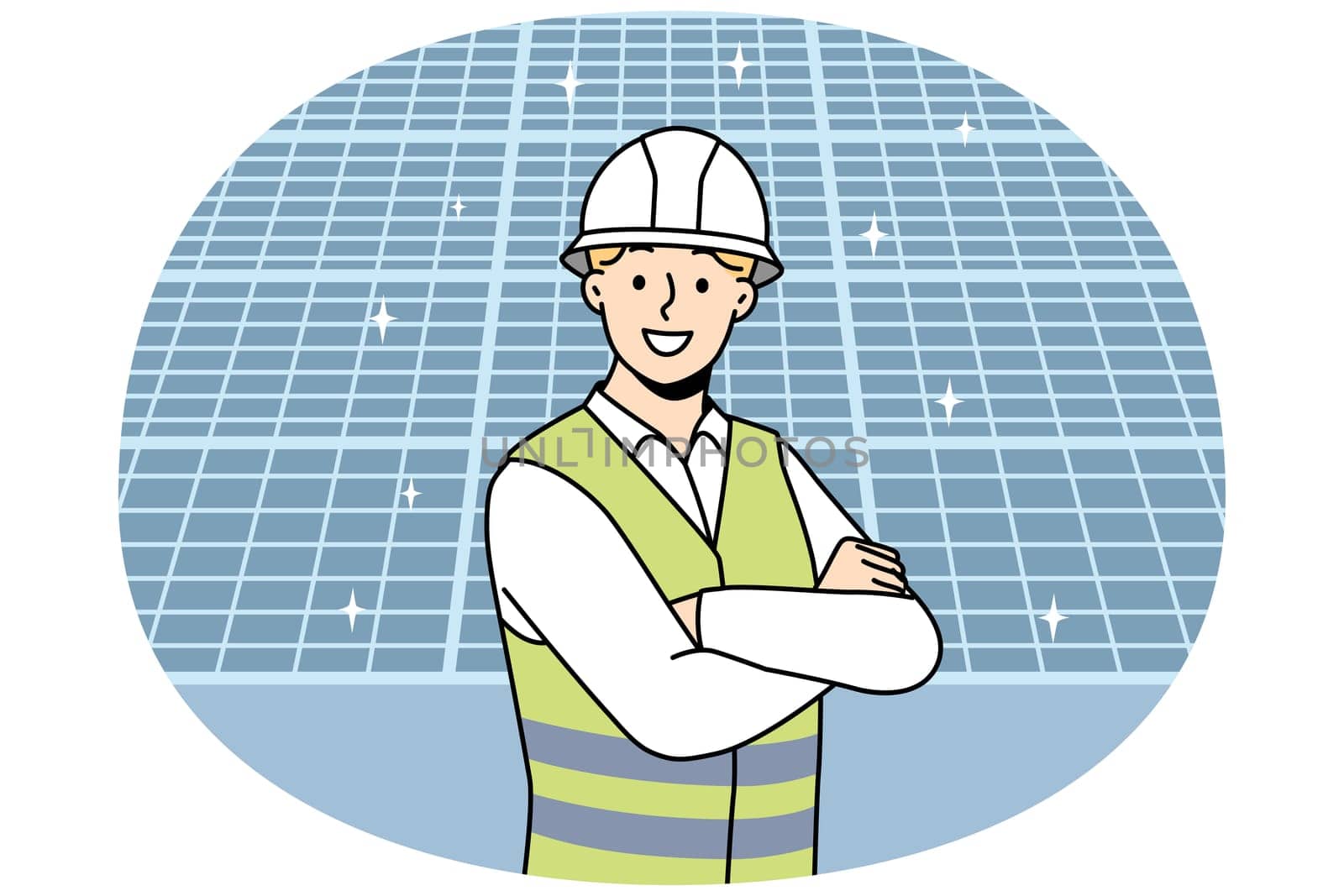 Smiling male engineer in uniform and helmet stand near solar panels. Happy man recommend modern photovoltaic batteries. Vector illustration.